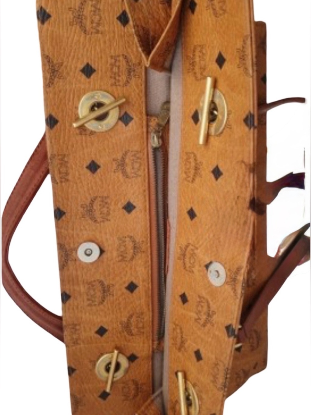 MCM Visetos Cognac Shoulder Bag Gold Chain Strap Medium Tote - Picture 16 of 17